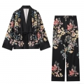 Women's Kimono Style Floral Print Two Piece Set Satin Feel Tie Front Cardigan Jacket And Elastic Waist Wide Leg Pants Vintage Casual Loungewear Suit