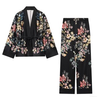 Women's Kimono Style Floral Print Two Piece Set Satin Feel Tie Front Cardigan Jacket And Elastic Waist Wide Leg Pants Vintage Casual Loungewear Suit