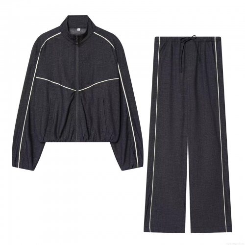 Women's Dark Grey Denim Jacket Or Wide Leg Pants Set Fashion Loose Stand Collar Zip Up Top White Striped Casual Sporty Trousers Streetwear