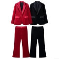 Elegant Women Velvet Blazer And Trousers Collection Slim Fit Solid Color Office Commuter Two Piece Suit Luxury Satin Lapel Jacket Straight Leg Pants
