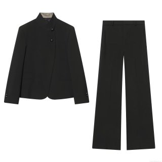 Women's Elegant Black Suit Set With Stand Collar Asymmetric Button Blazer Jacket And High Waist Wide Leg Trousers Business Office Commute Formal Two Piece Outfit