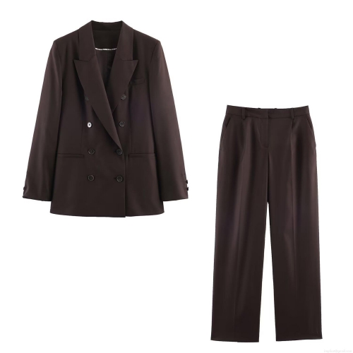 Women Professional Double Breasted Blazer Jacket And Straight Leg Trousers Two Piece Set Office Commute Solid Coffee Brown High Quality Suit