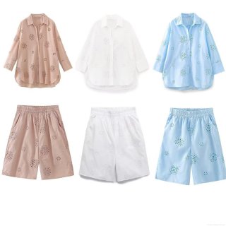 Women's Casual Two-Piece Set Cotton Blend Eyelet Embroidery Long Sleeve Button Down Shirt and Elastic Waist Shorts Suit for Summer Fashion