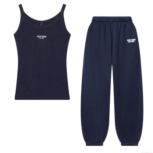 Women's Navy Blue Cotton Blend Casual Piece New York Letter Print Ribbed Cami Zip Up Hoodie Or Jogger Pants Sporty Versatile Apparel For Autumn Winter