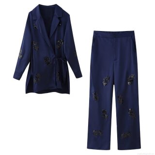 Women's Elegant Navy Blue Sequin Satin Two-Piece Set Sequin Floral Kimono Wrap Top And Wide Leg Pants Set For Party Formal Event