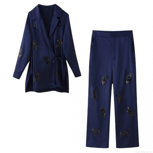 Women's Elegant Navy Blue Sequin Satin Two-Piece Set Sequin Floral Kimono Wrap Top And Wide Leg Pants Set For Party Formal Event