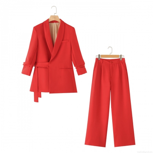 Women's 2-Piece Blazer Set Elegant Shawl Collar Belted Jacket And High Waist Wide Leg Pants Suit For Office Commute Fashion Solid Color Polyester Spandex Outfit