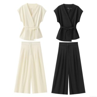 Women Elegant Minimalist Business Suit Set V-Neck Sleeveless Tie Waist Wrap Top High Waisted Wide Leg Pants Co-ord Office Work Party Daily Polyester Blend Outfit