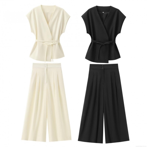 Women Elegant Minimalist Business Suit Set V-Neck Sleeveless Tie Waist Wrap Top High Waisted Wide Leg Pants Co-ord Office Work Party Daily Polyester Blend Outfit