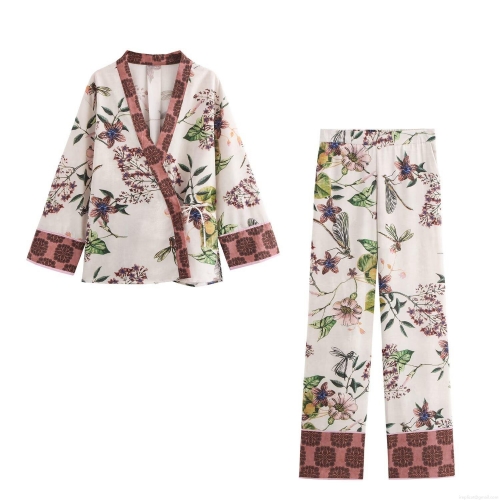Women's Kimono Style Floral Print Long Sleeve Top and Wide Leg Pants Two Piece Set Vintage Boho Casual Summer Vacation Outfits For Women