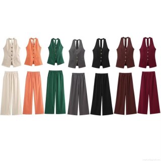 Women's 2 Piece Outfits Halter Neck Button Down Vest And High Waisted Wide Leg Pants Set Cotton Linen Blend Sleeveless Solid Color Summer Beach Vacation Pants Suit