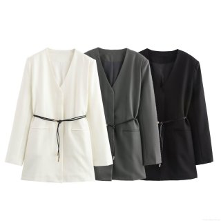 Women's Elegant Office Suit Set Long Sleeve Collarless Blazer with Belt and High Waist Straight Leg Pants Solid Color Commute Outfit Polyester Spandex