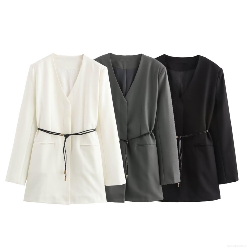 Women's Elegant Office Suit Set Long Sleeve Collarless Blazer with Belt and High Waist Straight Leg Pants Solid Color Commute Outfit Polyester Spandex