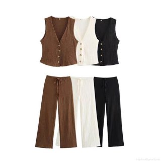 Women's Two Piece Textured Outfit Set V Neck Single Breasted Vest Top and High Waist Drawstring Wide Leg Pants Casual Solid Color Sleeveless Loungewear
