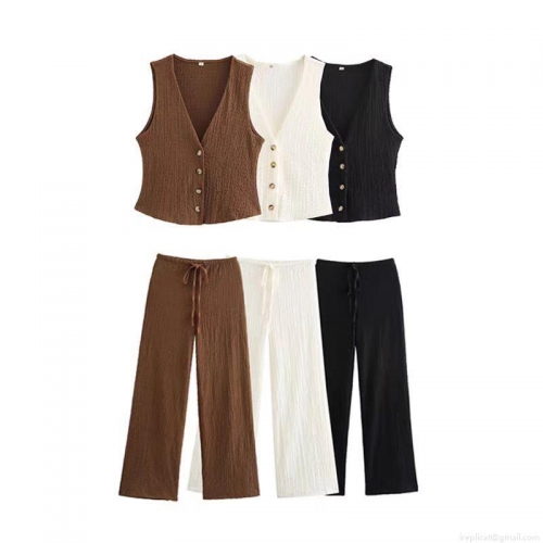 Women's Two Piece Textured Outfit Set V Neck Single Breasted Vest Top and High Waist Drawstring Wide Leg Pants Casual Solid Color Sleeveless Loungewear
