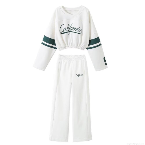 Women's White 100% Polyester Casual Letter Print Sweatshirt And Wide Leg Pants Set California Los Angeles Graphic Cropped Round Neck Long Sleeve Top High Waist Straight Leg Jogger Trousers For Women Sporty Streetwear