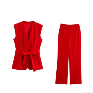 Women's Sleeveless Vest And Wide Leg Pants Two Piece Suit Set Elegant Office Workwear Solid Color Commute Slim Fit Outfits For Ladies Professional Spring Summer Daily Wear Formal Dressy