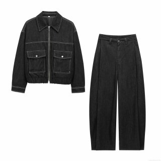 Women's Casual Denim 3 Piece Set Contrast Stitching Zip Cropped Jacket High Waist Wide Leg Pants And Fitted Tube Top Streetwear Co-ord Outfits