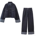 Women's Casual Denim Jacket and Wide Leg Pants Set 100% Cotton Dark Blue Washed Jeans Suit with Contrast Stitching Two Piece Outfit