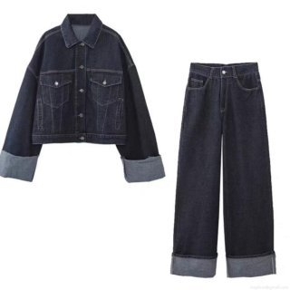 Women's Casual Denim Jacket and Wide Leg Pants Set 100% Cotton Dark Blue Washed Jeans Suit with Contrast Stitching Two Piece Outfit
