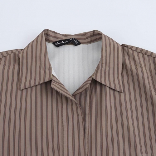 Women's Casual Two Piece Set Vertical Striped Long Sleeve Asymmetric Shirt and Elastic High Waist Wide Leg Pants Outfits Polyester Spandex Loungewear Brown Streetwear