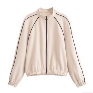 Women's Casual Two Piece Sport Suit Polyester Spandex Blend Zip-up Stand Collar Jacket and Contrast Side Stripe Wide Leg Pants Set for Daily Loungewear