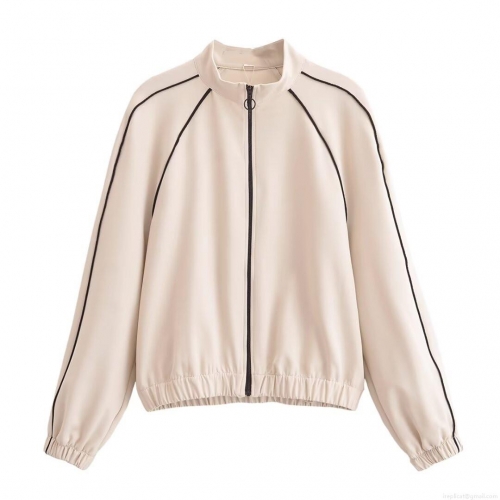 Women's Casual Two Piece Sport Suit Polyester Spandex Blend Zip-up Stand Collar Jacket and Contrast Side Stripe Wide Leg Pants Set for Daily Loungewear