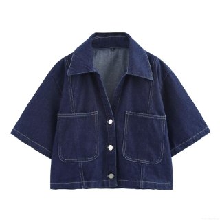 Women Sexy Dark Blue Denim Two Piece Set Short Sleeve Shirt Top And High Waist Skirt Pants With Contrast Stitching Cotton Blend Fashion Summer Outfit For Women