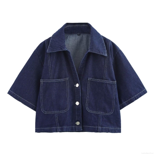 Women Sexy Dark Blue Denim Two Piece Set Short Sleeve Shirt Top And High Waist Skirt Pants With Contrast Stitching Cotton Blend Fashion Summer Outfit For Women