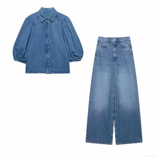 Women's Denim Shirt and Wide Leg Pants Set Casual Puff Sleeve Lapel Cotton Blend Button Up Top High Waist Denim Trousers For Spring Summer Streetwear Daily Fashion