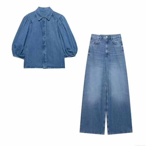 Women's Denim Shirt and Wide Leg Pants Set Casual Puff Sleeve Lapel Cotton Blend Button Up Top High Waist Denim Trousers For Spring Summer Streetwear Daily Fashion