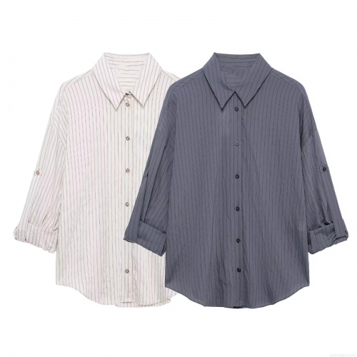 Women's 100% Polyester Vertical Stripe Casual Set Adjustable Long Sleeve Button Shirt and Elastic Waist Wide Leg Long Pants Daily Leisure Loungewear Two-Piece Outfit