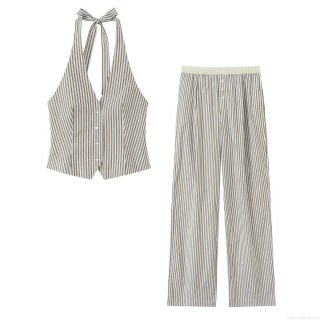 Women's Striped 2 Piece Outfits Halter V Neck Button Up Vest Top And Wide Leg Pants Casual Summer Vacation Co-ord Set