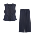 Women's Elegant Denim Blue Cotton Blend Sleeveless Vest And High Waist Wide Leg Trousers Casual Pants Two Piece Set For Office Commute Summer Fashion