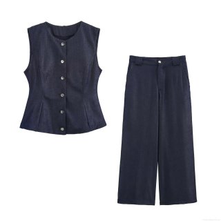 Women's Elegant Denim Blue Cotton Blend Sleeveless Vest And High Waist Wide Leg Trousers Casual Pants Two Piece Set For Office Commute Summer Fashion