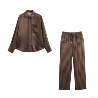 Women's Casual Striped Satin Shirt And Pants Set Vintage Long Sleeve Button Down Blouse With High Waist Drawstring Trousers Soft Silky Loungewear For Daily Work Wear