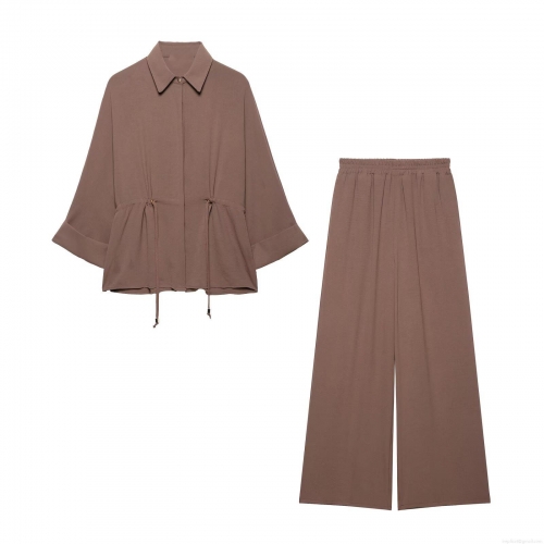Women Casual 100% Polyester Solid Long Sleeve Drawstring Shirt High Waist Elastic Wide Leg Pants Two-Piece Set Brown Loose Fit Loungewear