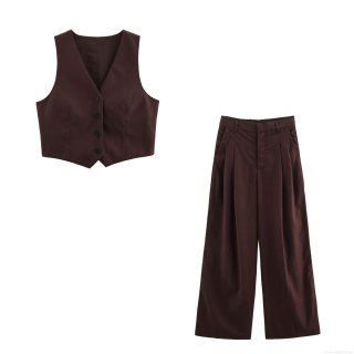 Women Fashion Sleeveless V Neck Backless Vest And High Waist Wide Leg Pleated Pants Two Piece Set Elegant Office Commute Suit Solid Color