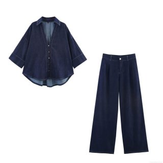 Women's Casual Denim Two Piece Set Fashion Loose Wide Sleeve Shirt And High Waist Wide Leg Pants Cotton Blend Solid Color Stylish Outfit