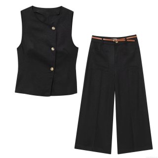 Women's Cotton Linen Blend Sleeveless Vest Top And Wide Leg Pants Set Elegant High Waist Trousers With Belt Office Lady Business Commute Outfit Solid Black Summer Two Piece Suit