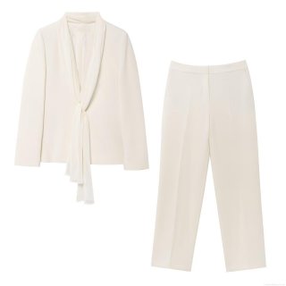 Elegant Women's Blazer and Pants Set Minimalist Solid Color Tie-Neck Long Sleeve Suit Jacket with Straight Leg Trousers for Office Commuter Wear Polyester Spandex Stretch Fabric Two Piece Set