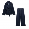 Women's Dark Blue Denim Style Two-Piece Set Belted Trench Coat And Wide Leg Pants Casual Fashion Summer Outfit For Women