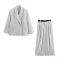 Women Elegant Light Grey Suit Set Professional Notch Lapel Loose Blazer And High Waist Wide Leg Trousers With Belt Casual Woven Office Commuter Outfit