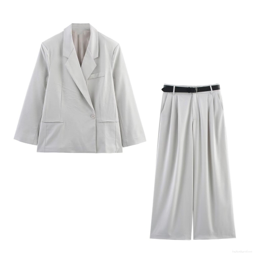 Women Elegant Light Grey Suit Set Professional Notch Lapel Loose Blazer And High Waist Wide Leg Trousers With Belt Casual Woven Office Commuter Outfit