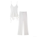 Women Sexy White Lace Ruffle Camisole Top And High Waist Straight Leg Pants Fashion Summer Sleeveless Hollow Out Two Piece Set For Ladies Party Vacation
