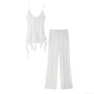 Women Sexy White Lace Ruffle Camisole Top And High Waist Straight Leg Pants Fashion Summer Sleeveless Hollow Out Two Piece Set For Ladies Party Vacation