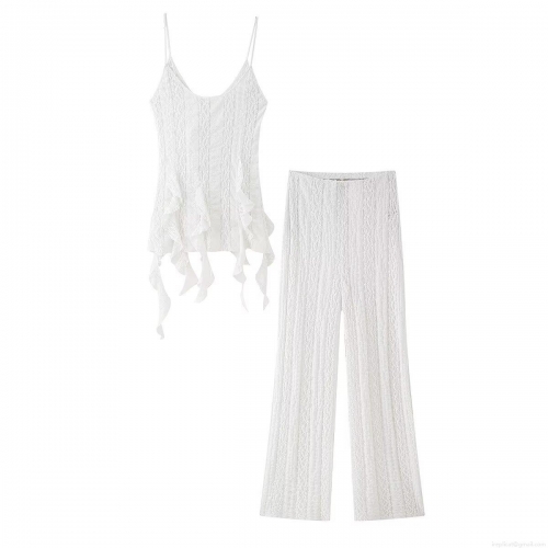 Women Sexy White Lace Ruffle Camisole Top And High Waist Straight Leg Pants Fashion Summer Sleeveless Hollow Out Two Piece Set For Ladies Party Vacation