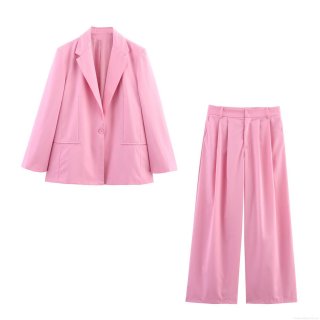 Women's Pink Blazer and Wide Leg Pants Two Piece Set Elegant Lapel Single Breasted Loose Suit Jacket and High Waist Trousers for Office Commute Lady