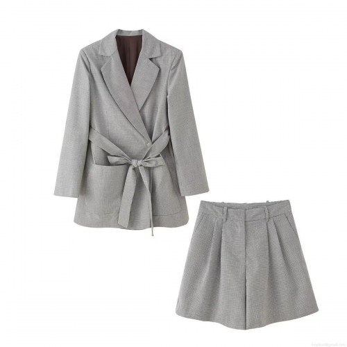 Women Chic Houndstooth Plaid 100% Polyester Belted Blazer Jacket And High Waist Shorts Set Office Commuter Summer Elegant Suit For Lady