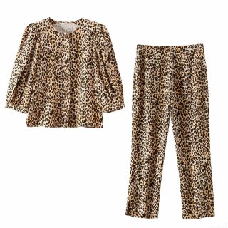 Women's Leopard Print Two Piece Set Casual Long Sleeve Shirt and Straight Leg Pants Polyester Woven Lounge Outfits for Daily Streetwear Fashion